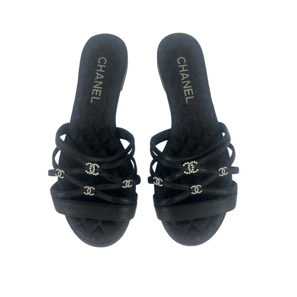Chanel 2019 Quilted CC Pearl Leather Slide Sandals Black 36.5